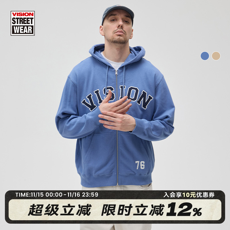 VISION官方 美式街头经典宽松logo撞色拉链卫衣毛衫外套男女同款
