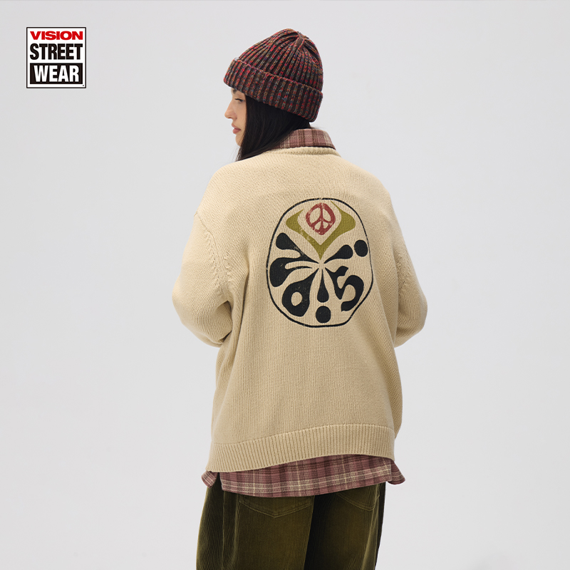 VISION官方 美式复古复混纱印花圆领套头印花针织毛衣男女秋新款