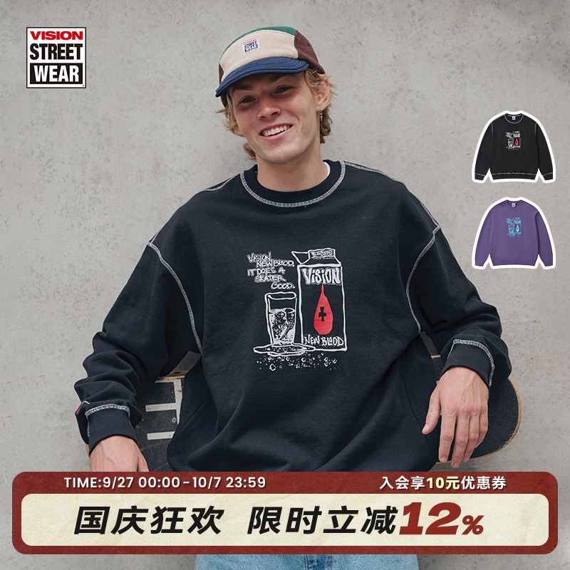 VISION官方  历史复刻图案NEW BLOOD宽松圆领套头卫衣2色男女秋新