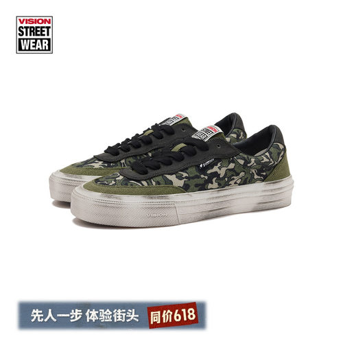 VISION官方 FLAT TOP水洗做旧迷彩低帮帆布美式复古街头滑板鞋