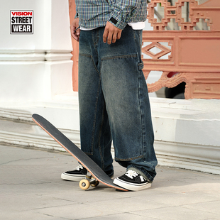 VISION官方 美式经典BAGGY擦色做旧水洗复古工装牛仔裤男女25新