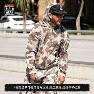 VISION官方 沙漠迷彩系列印花水洗沙砾感Boxy短宽拉链连帽卫衣