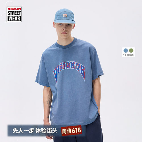 VISION官方 水洗做旧短款美式复古花纱圆领短袖T恤男女同款2色