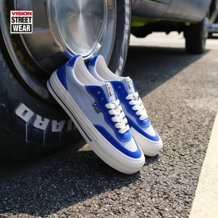 VISION官方 TOP深海蓝拼色低帮翻毛皮帆布鞋 男女运动板鞋 FLAT