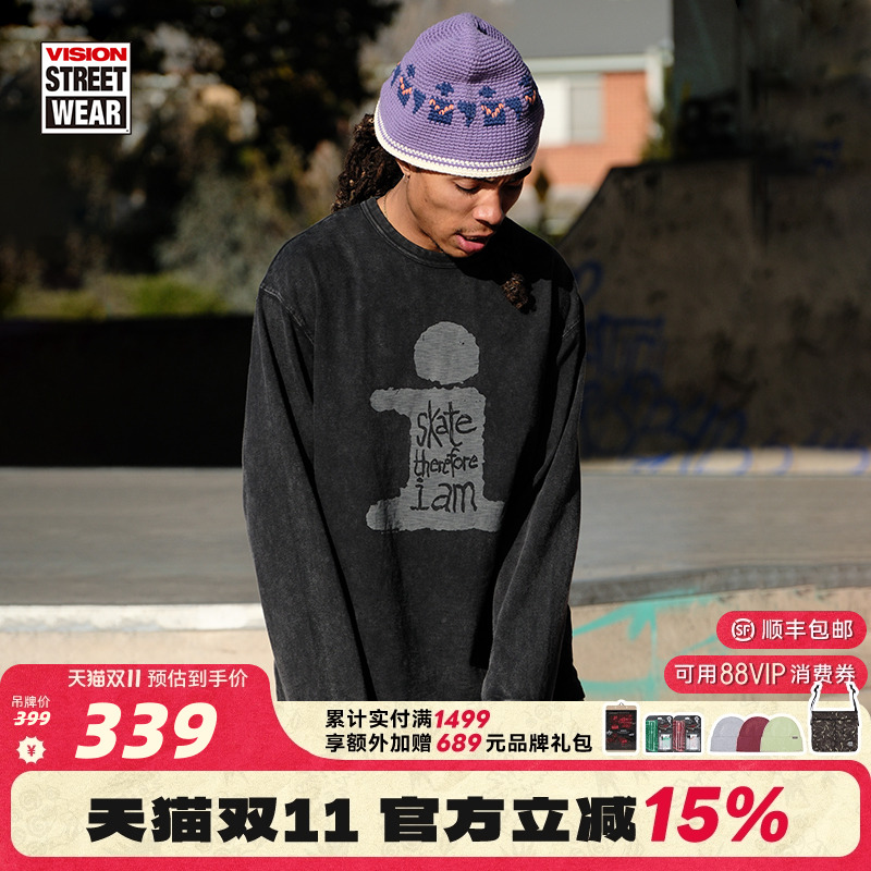 VISION官方 复刻系列印花美式复古做旧水洗圆领长袖T恤男女秋新款