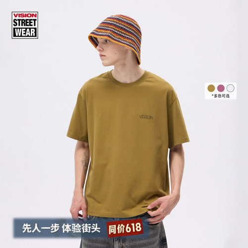 VISION官方 复刻系列毛线绣花美式潮流圆领短袖T恤男女同款3色
