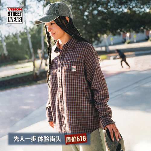 VISION官方 美式复古定织格纹松针纱织宽松长袖衬衫男女秋新款2色