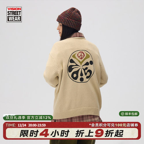 VISION官方 美式复古复混纱印花圆领套头印花针织毛衣男女秋新款