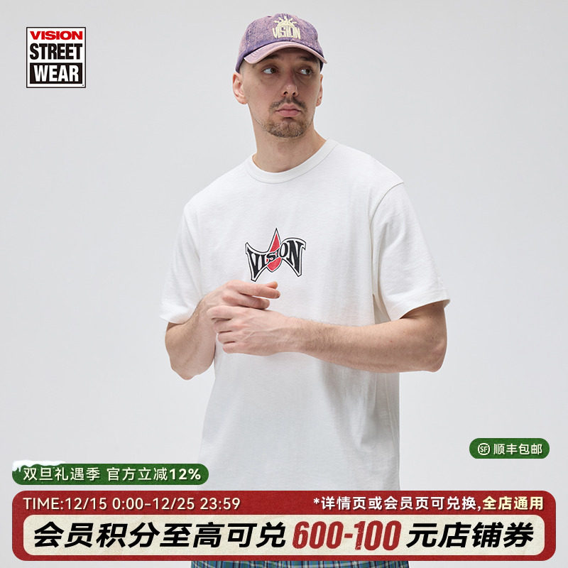 VISION官方 美式街头复古竹节棉复古logo印花圆领短袖T恤男女2色