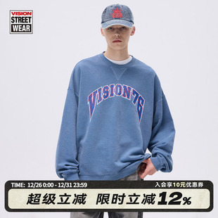 VISION官方 复古印花水洗做旧宽松圆领套头卫衣男女26早春新 美式
