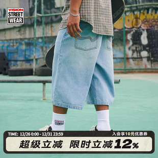 过膝短裤 街头西海岸风大宽松复古浅色7分牛仔中裤 美式 VISION官方