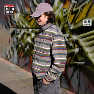 VISION官方 美式复古立领开襟卫衣摇粒绒条纹外套男女秋新款2色