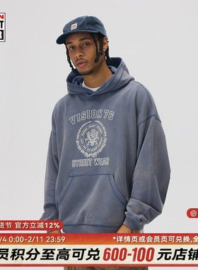 VISION官方 复刻系列做旧水洗刺绣图案宽松连帽卫衣男女秋新款2色