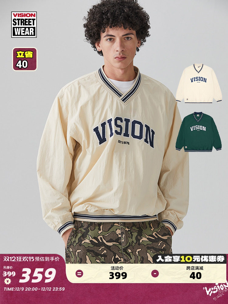VISION 가을 남성과 여성을 위한 공식 미국 복고풍 느슨한 나일론 짠 긴팔 대비 풀오버