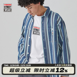 男女秋款 复古街头水洗做旧蓝白条纹衬衫 美式 VISION官方