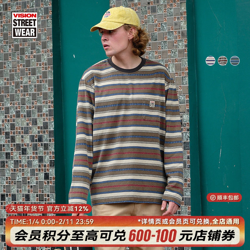 VISION官方 美式复古街头炒洗做旧条纹圆领套头长袖T恤男女同款,运动服/休闲服装,运动T恤,淘宝优惠券,粉丝福利购,淘宝优惠卷