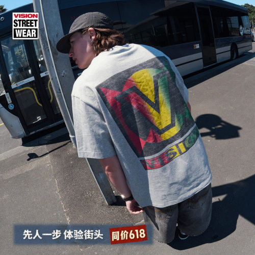 VISION官方 复刻系列渐变印花美式宽松花纱圆领短袖T恤男女同款