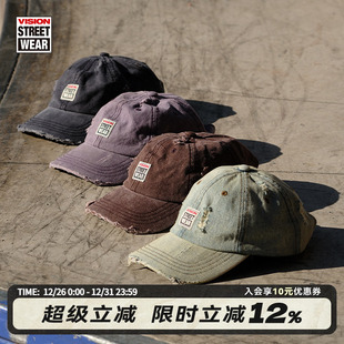 VISION官方 街头复古水洗做旧磨破软顶牛仔棒球帽鸭舌帽4色男女
