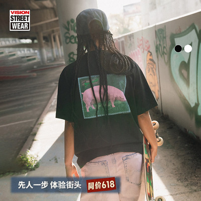 VISION官方 复刻系列“pink pig”做旧街头圆领短袖T恤男女秋新款