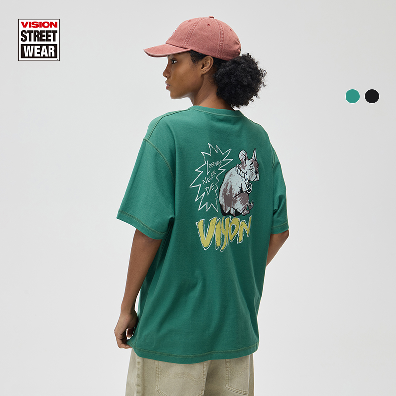 VISION官方 历史复刻图案法斗小狗美式街头双面穿重磅宽松短袖T恤