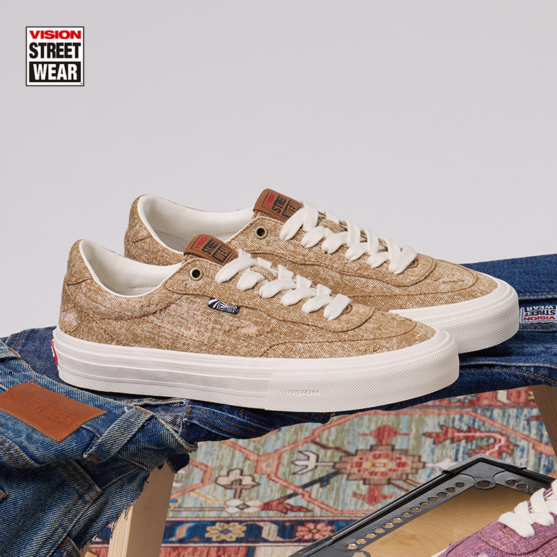 VISION官方 FLAT TOP丹宁系列日晒棕低帮水洗磨破帆布鞋男女板鞋