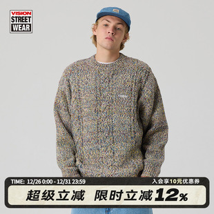 VISION官方 复古混纱提花宽松圆领套头针织毛衣男女 美式
