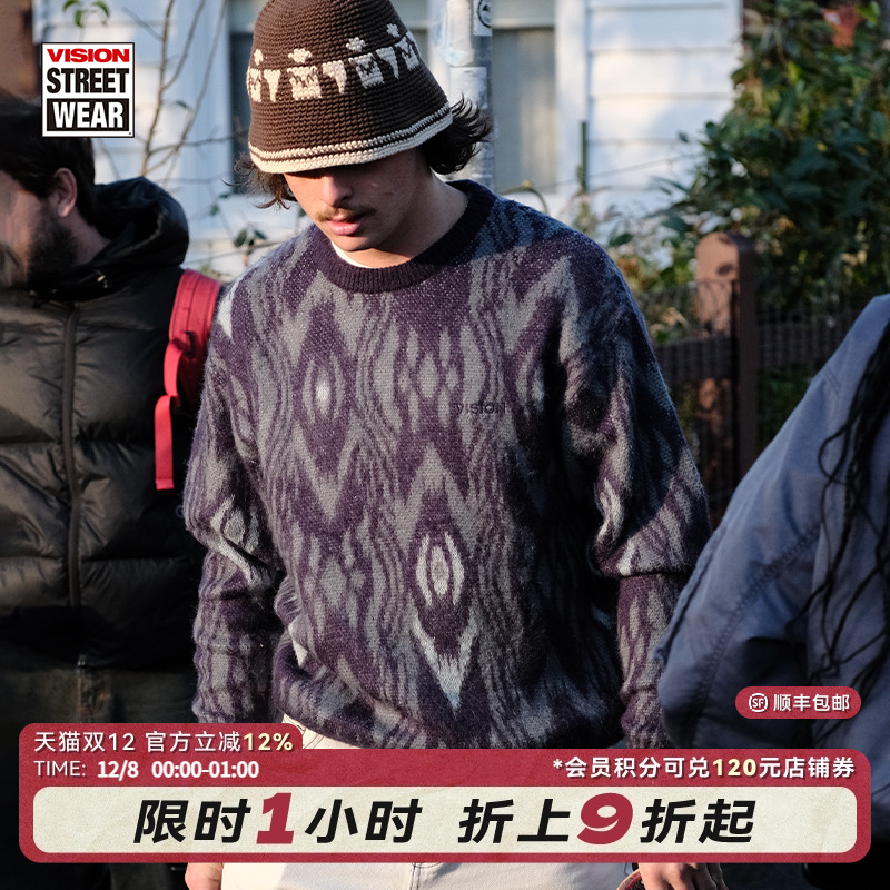 VISION官方 美式复古羊毛马海毛复刻提花宽松套头毛衣男女2色新款