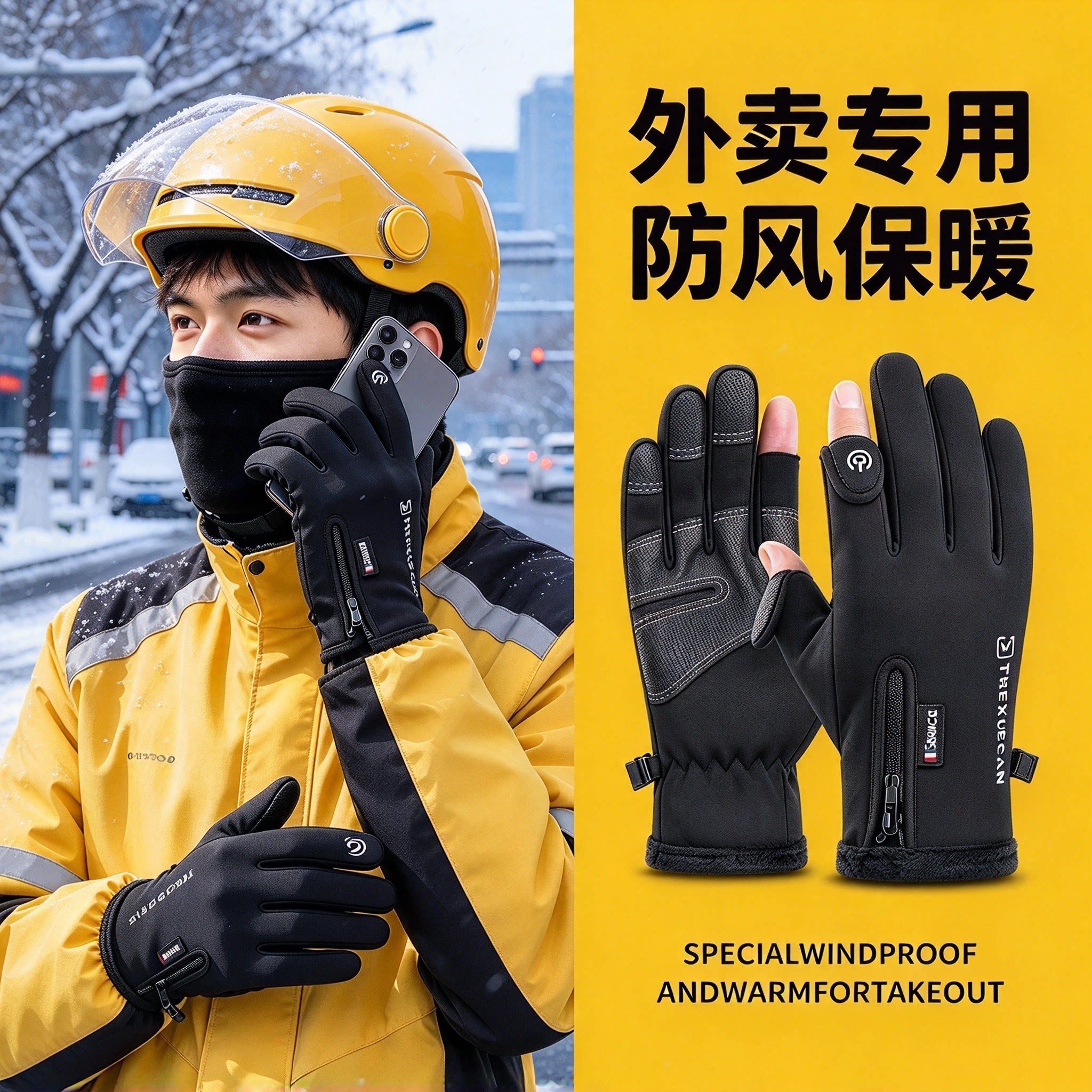 冬季外卖员加绒触屏保暖防寒手套