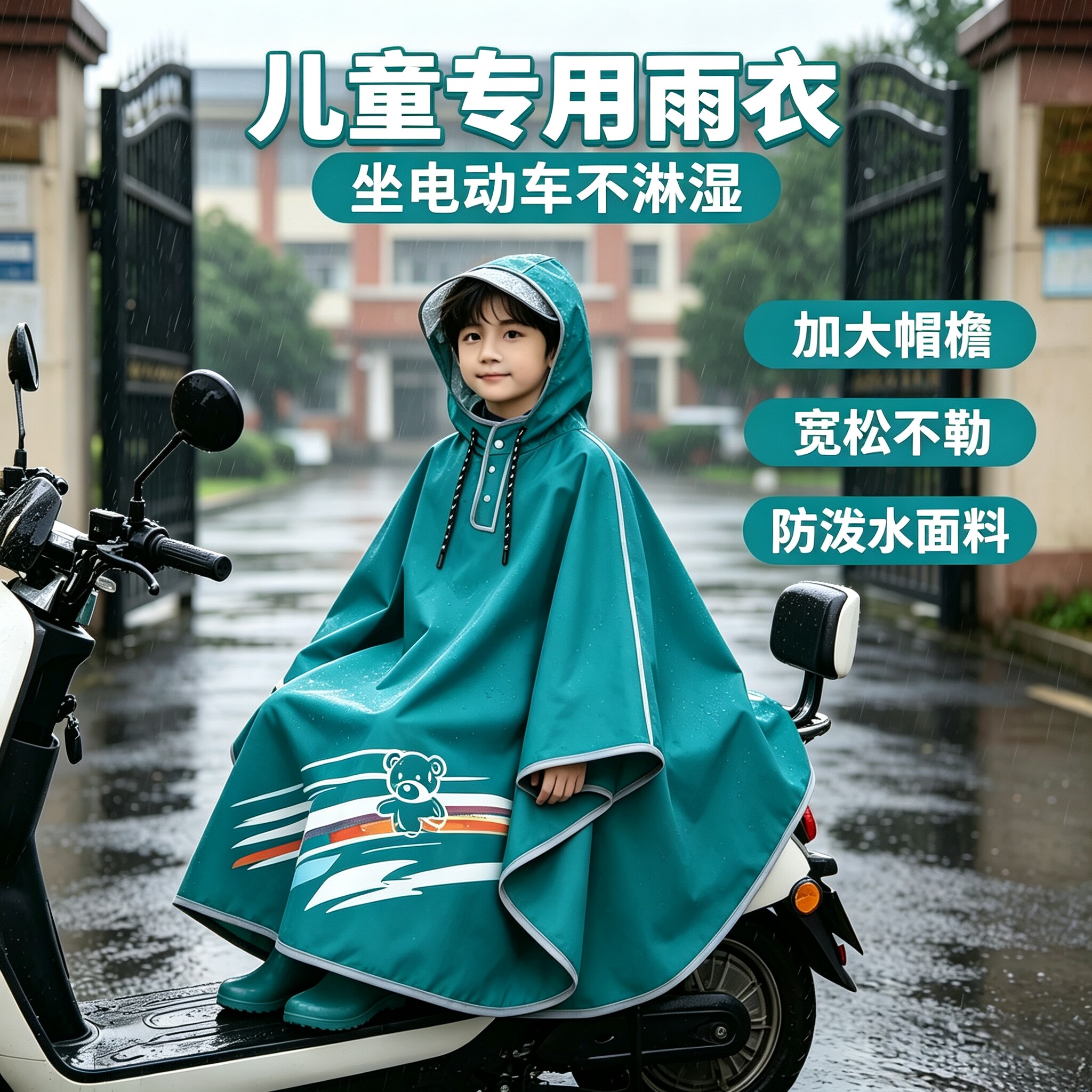 儿童雨衣坐电动车小学自行车斗篷款带书包位上学专用男孩女孩雨衣