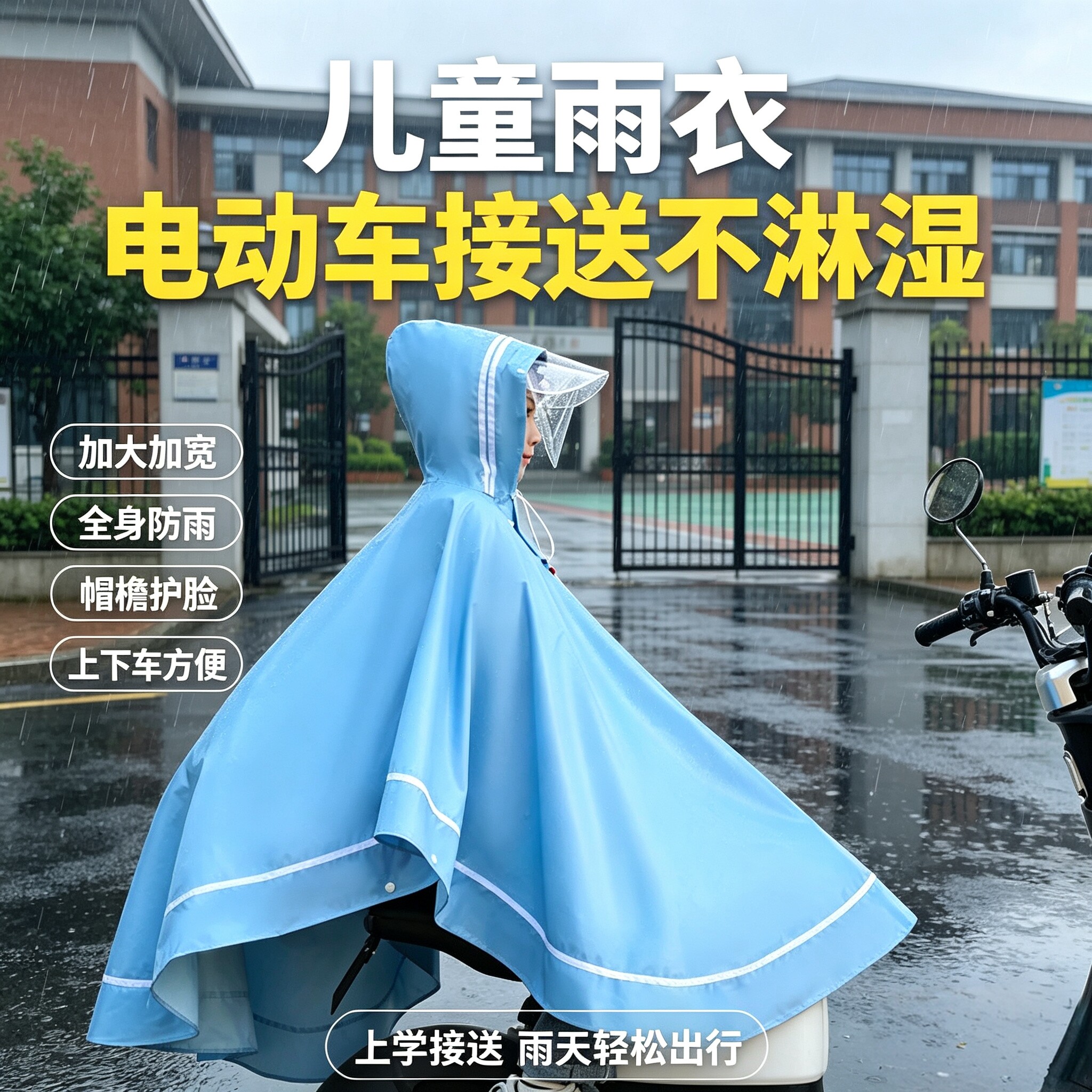 儿童坐电动车斗篷款带书包位雨衣