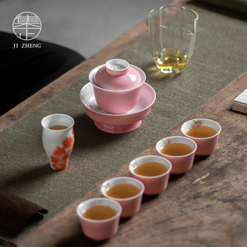 集正 手绘粉蝶茶具套装 家用陶瓷功夫茶具9件套 整套盖碗泡茶器