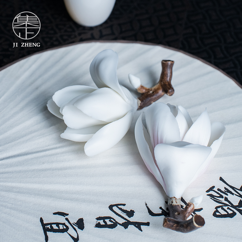 集正 纯手捏玉兰花小香插 茶台书桌文人创意陶瓷花笔搁摆件装饰品