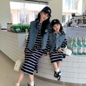 牛仔马甲条纹裙套装 新款 休闲母子母女风复古马甲 秋季 一起玩亲子装