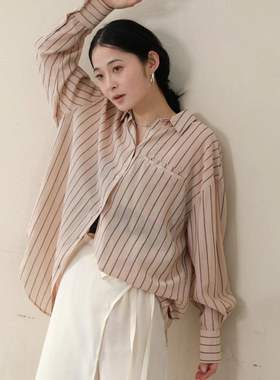 A04021日单新款客供料单排扣翻边领宽松女通勤休闲条纹麻棉衬衫