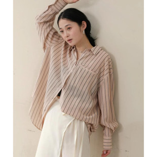 A04021日单新款客供料单排扣翻边领宽松女通勤休闲条纹麻棉衬衫