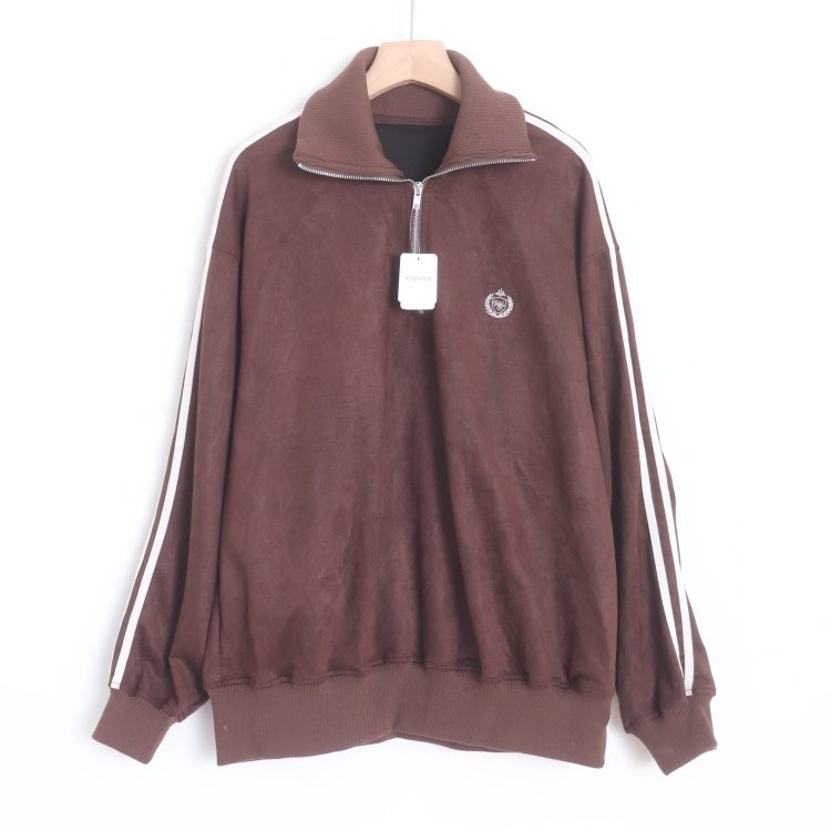 D16026日单新款门襟拉链螺纹领套头宽松显瘦女刺绣休闲麂皮绒卫衣