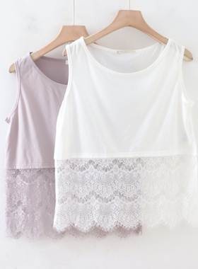 C05050日单夏新款客供料圆领套头微宽松显瘦女简洁拼接蕾丝背心