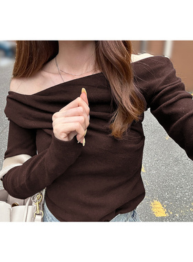 D08058日单新款GL客供料褶皱领套头有弹性显瘦女棉质气质长袖T恤