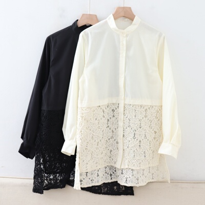 A020108日单新款贵牌单排扣圆领微宽松显瘦女气质中长拼蕾丝衬衫