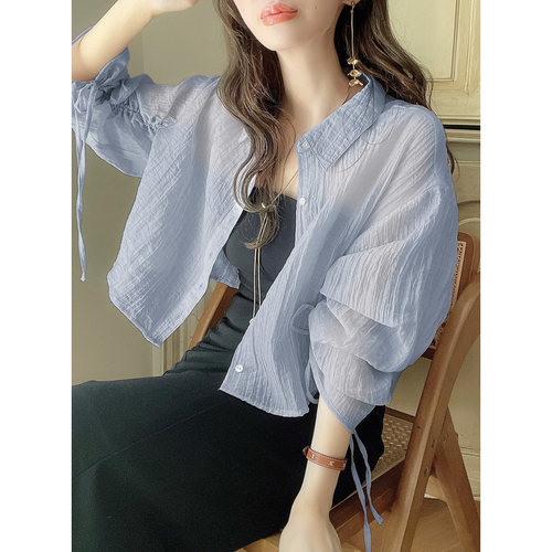 A13063日单GL夏季新款天丝料单排扣宽松显瘦女气质轻薄袖抽绳衬衫