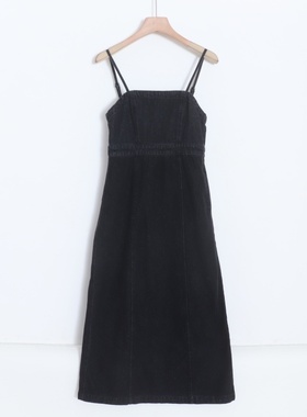 D03035日单秋款后拉链松紧显瘦好搭配女气质纯色可调节牛仔吊带裙