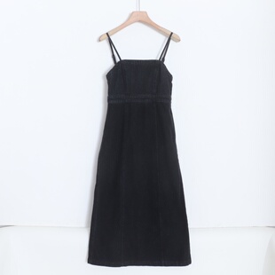 D03035日单秋款 后拉链松紧显瘦好搭配女气质纯色可调节牛仔吊带裙
