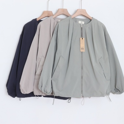 D080120日单新款客供料拉链圆领宽松下摆可收女纯色通勤休闲外套