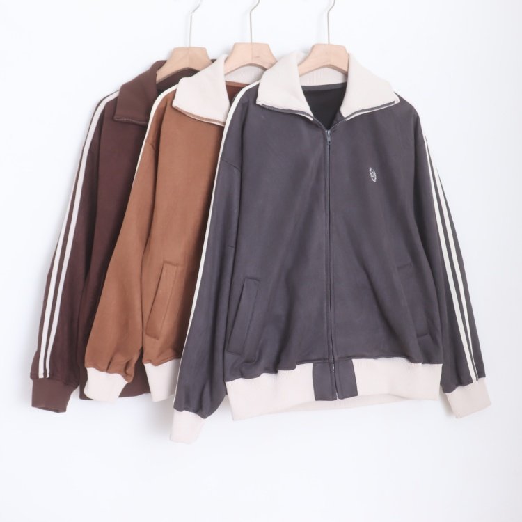 D16014日单新款螺纹领拉链宽松显瘦女麂皮绒撞色有刺绣休闲外套