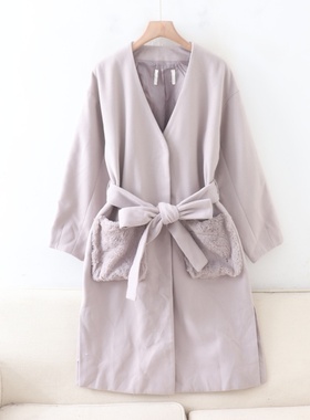 D02068日单贵牌9800日元按扣V领宽松保暖女有腰带中长款呢子外套