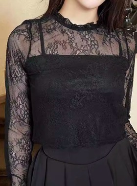 C09005日单新款客供料后纽扣圆领套头女甜美气质短款长袖蕾丝衬衫