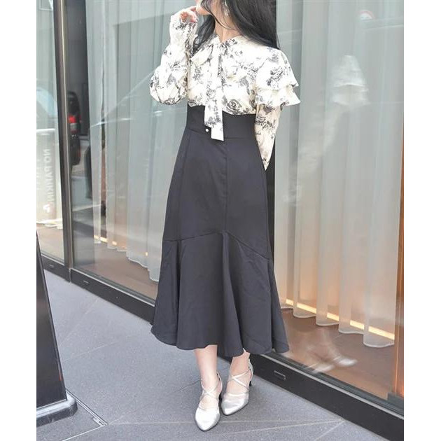 D16057日单新款贵牌蝴蝶结系带松紧腰鱼尾裙女甜美喇叭袖连衣裙