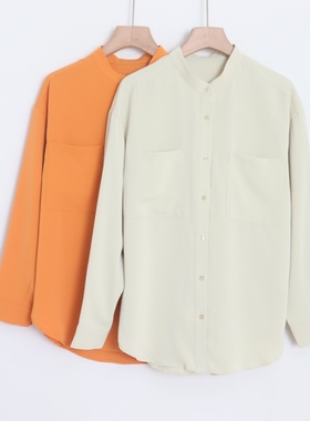 D09016日单贵牌秋款客供料圆领单排扣宽松女气质通勤休闲长袖衬衫