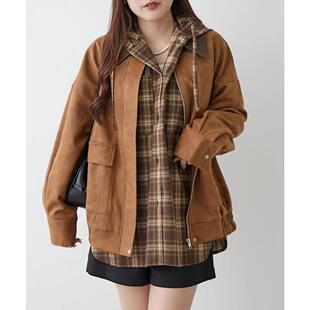 A01075日单新款客供PU皮翻边领拉链宽松显瘦女多色休闲麂皮绒外套