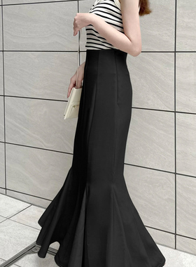 D08098日单新款GL隐形拉链松紧高腰鱼尾裙女甜美气质长款半身裙
